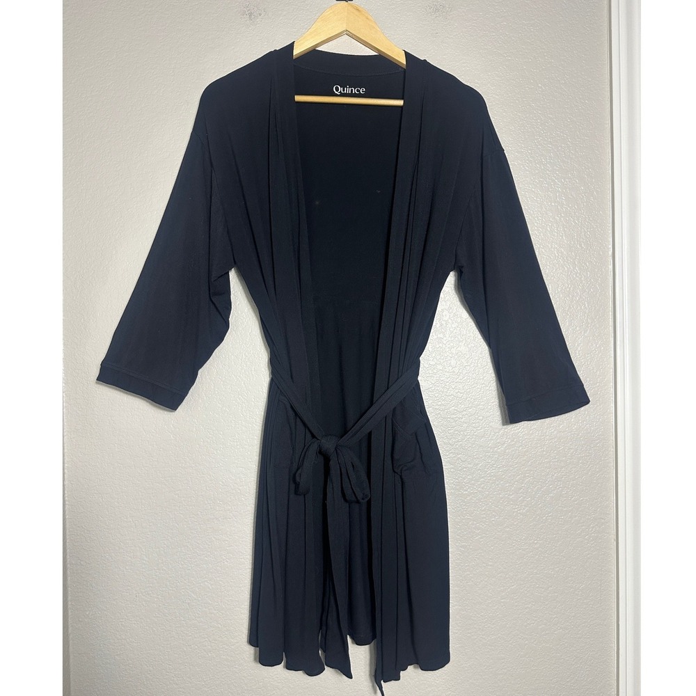 Quince Bamboo Jersey Short Robe Small Black Attached Belt Loungewear